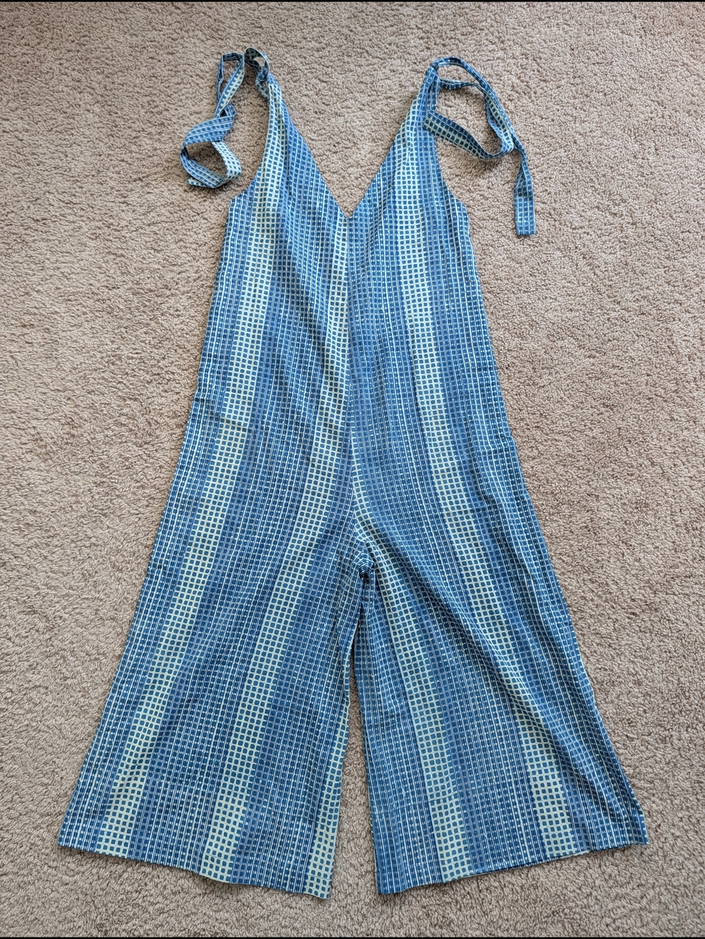 Anthropologie Kopal Womens Blue Checker Tie-Shoulder Wide Leg Jumpsuit Size XS - Picture 6 of 15